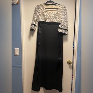 Vintage 50s Black & White Formal Dress 1950s Cocktail Evening Gown Ruffle Sleeve